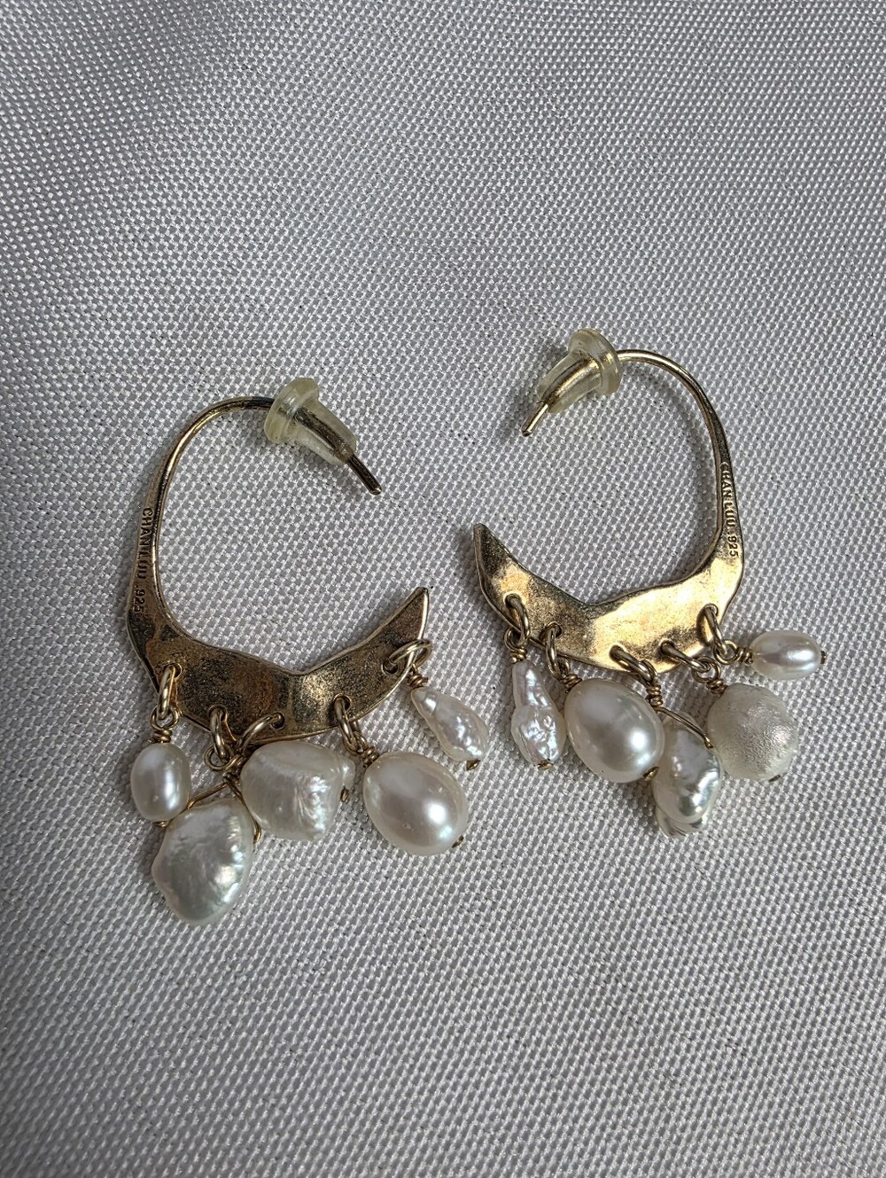 Chan Luu Crescent Moon Gold Plated Sterling Pearl Dangle Hoop Earrings